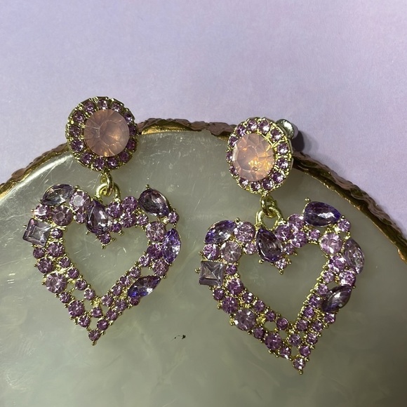 Lavender Crystal Heart Drop Statement Earrings - Picture 8 of 13